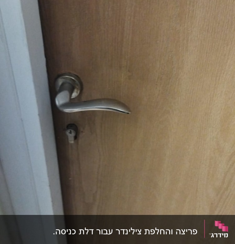 ידית דלת מתכת ומנעול על דלת עץ